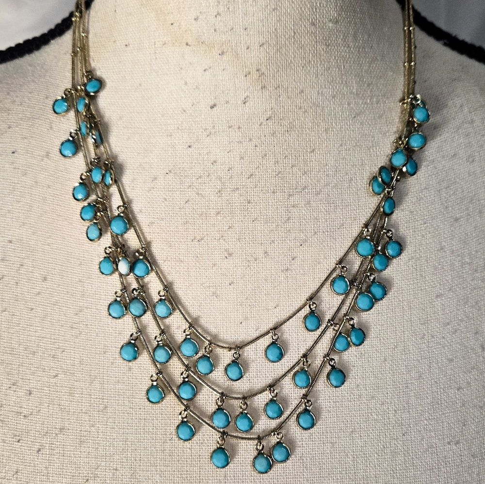 Ann Klein Statement Necklace Gold Color Blue Gem Costume Jewelry Mutli Strand